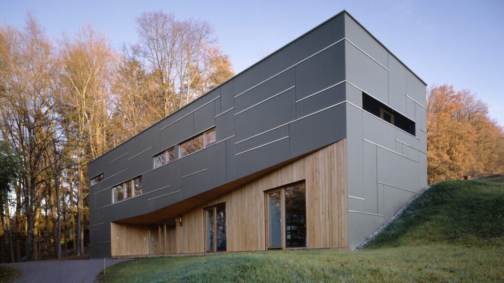 Modern, angular building nestled in a wooded area. The structure features a mix of light wood and dark gray panels, with long, narrow windows. The grass slopes up on the right side, and tall, leafless trees stand in the background against a clear sky.
